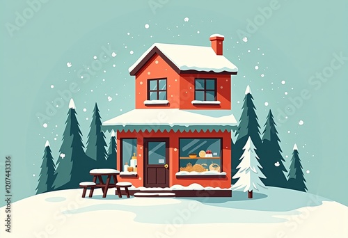 冬のシーンのロゴ:フラットなデザイン、2階建てのベーカリー、カフェ&書店、パステルカラー、影なし、個別の要素、ミニマリストスタイル、モダンベクターアイコン、シンプル。