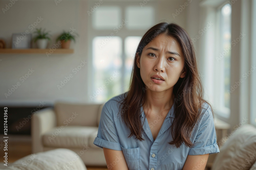 Portrait of unhappy Asian woman is sitting on a couch in a living room, she is wearing a blue shirt and has her head down