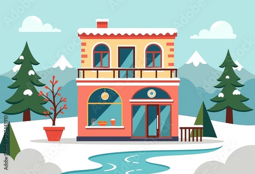 フラットな冬のベーカリーロゴ:2階建てのデザイン、カフェ&書店、個別の要素、影なし、パステルカラー、ミニマリスト、モダン、シンプルなベクター。