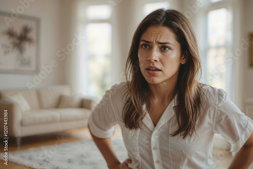 Portrait of stressed woman in a living room, she is upset or angry about something Free Download Portrait of stressed woman in a living room, she is upset or angry about something - GFXLoad