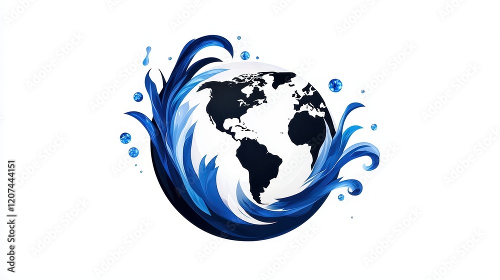 Vibrant Globe Surrounded by Flowing Water and Dynamic Blue Paths Representing Earth and Nature Vibrant Globe Surrounded by Flowing Water and Dynamic Blue Paths Representing Earth and Nature
