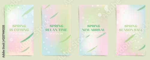 Set of Spring Nature Sale Designs. Green and pink gradient backgrounds with natural leaf patterns. Aesthetic templates for flyers, greeting cards, and banners. photo