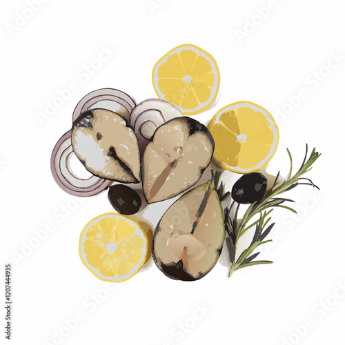 Concept of tasty food smoked mackerel top view vector illustration (4)
