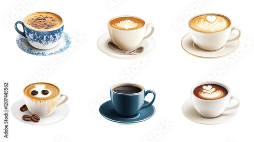 A collection of various coffee cups showcasing different styles and latte art on a white isolate background.