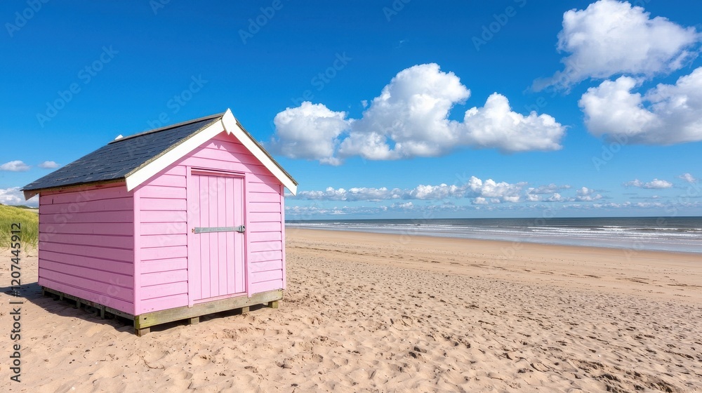Pink Beach Hut on Sandy Shore Summer Seascape Sunny Day Pink Beach Hut on Sandy Shore Summer Seascape Sunny Day