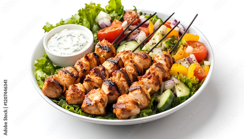Grilled chicken skewers, yougurt sauce and vegetable salad. Roasted souvlaki, greek salad, tzatziki on white background, copy space Grilled chicken skewers, yougurt sauce and vegetable salad. Roasted souvlaki, greek salad, tzatziki on white background, copy space