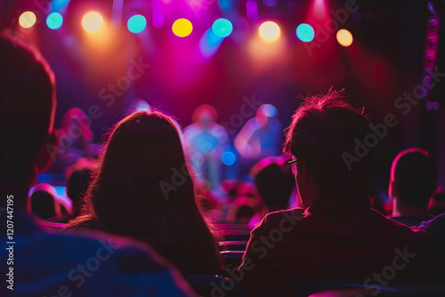 Performer standing in front of a crowded audience in a theater generative ai picture