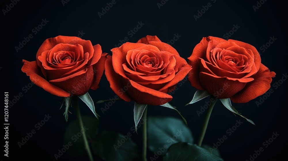 Fototapeta premium Three Red Roses on Black Background: A Symbol of Love and Passion