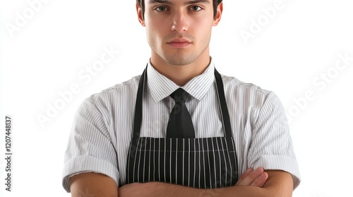 Person Wearing Apron Isolated on White Background. Professional Chef or Home Cook Concept, Ideal for Kitchen, Cooking, and Culinary Themes. photo