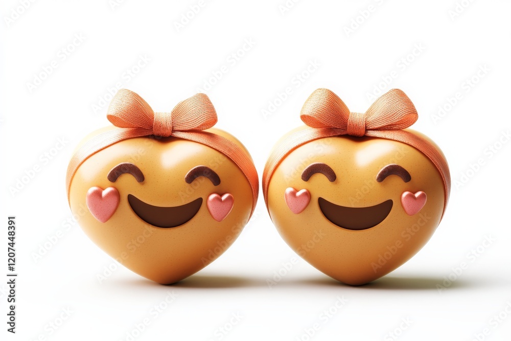 Fototapeta premium Smiling heart-shaped figures with cute expressions and bows on a neutral background
