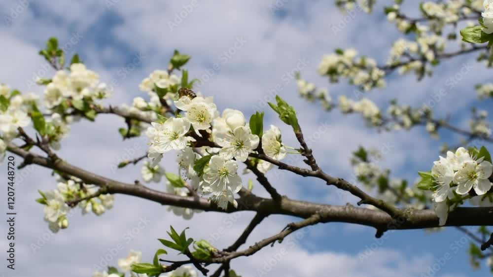 Spring white blossom of cherry tree close-up branch on blue sky background, horizontal video 4k. Blossom of sakura Spring white blossom of cherry tree close-up branch on blue sky background, horizontal video 4k. Blossom of sakura