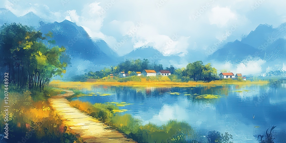 Fototapeta premium oil painting illustration, Asian rural countryside with river and small town surround with green forest and mountains