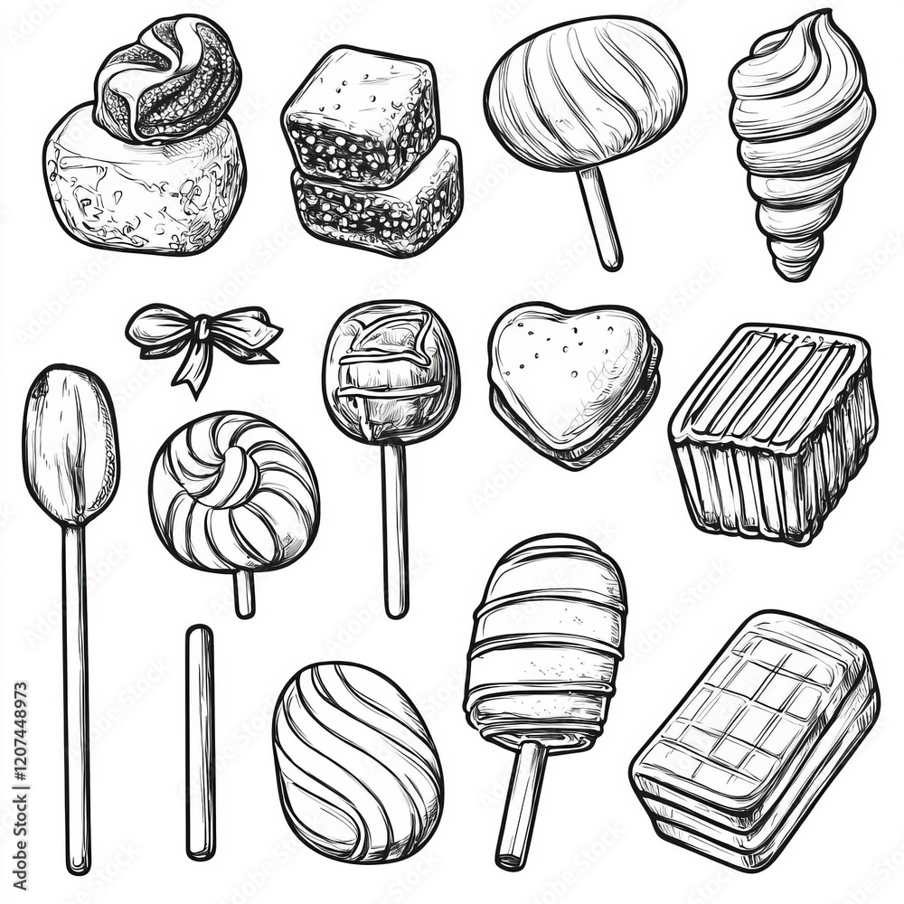 seamless of Set of sweet candy doodle hand drawn vector illustration , isolated on white background, , copy space for text, seamless of Set of sweet candy doodle hand drawn vector illustration , isolated on white background, , copy space for text,