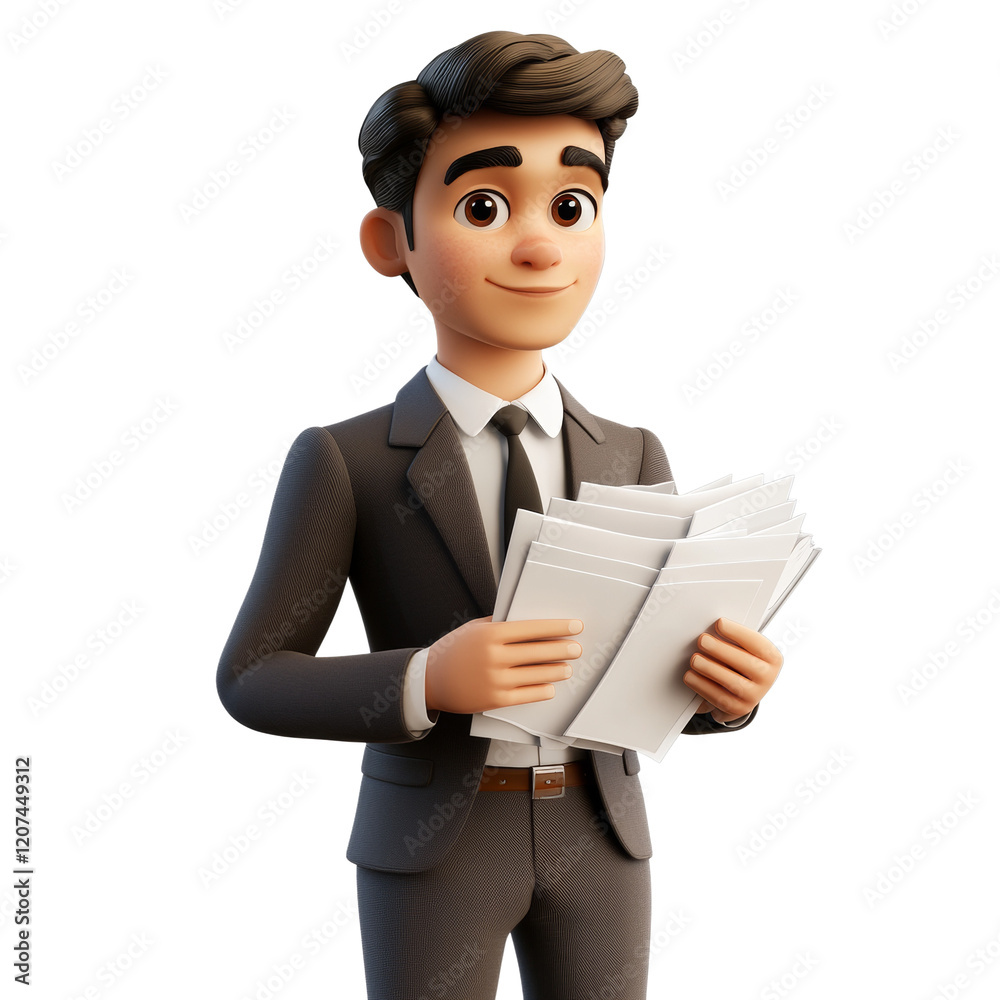 A cheerful cartoon businessman in a suit holds a stack of important documents, conveying a sense of professionalism and success. A cheerful cartoon businessman in a suit holds a stack of important documents, conveying a sense of professionalism and success.
