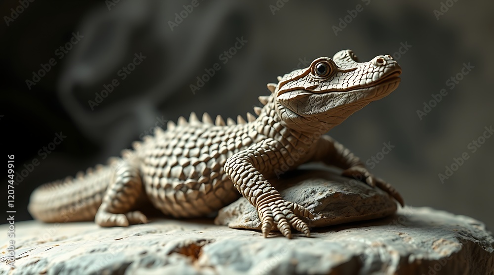 Naklejka premium Beige reptile figurine on rock.