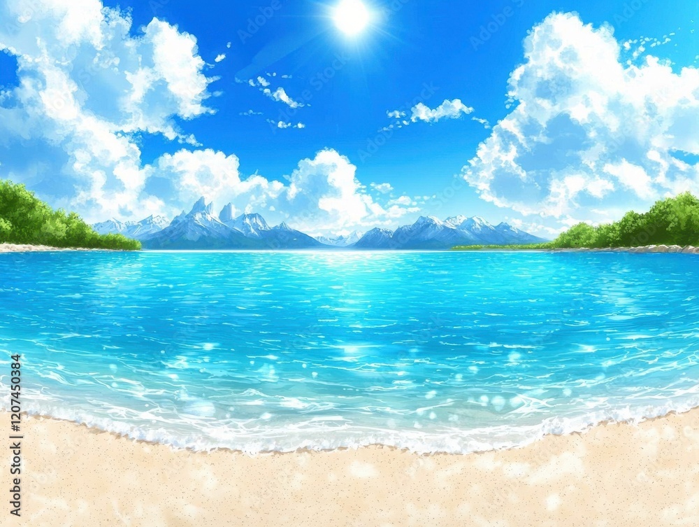 A serene beach scene featuring clear turquoise water, soft white sand, and fluffy clouds under a bright sun, creating a peaceful tropical atmosphere. A serene beach scene featuring clear turquoise water, soft white sand, and fluffy clouds under a bright sun, creating a peaceful tropical atmosphere.
