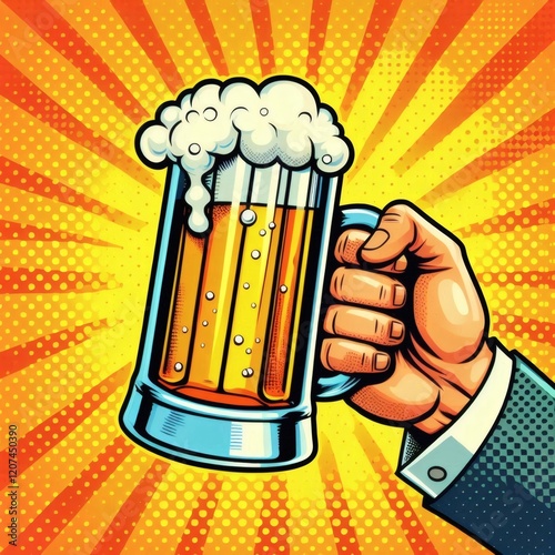 beer mug foam pop art holding hand alcohol drink beverage lager ale glass bar pub rays background retro vintage