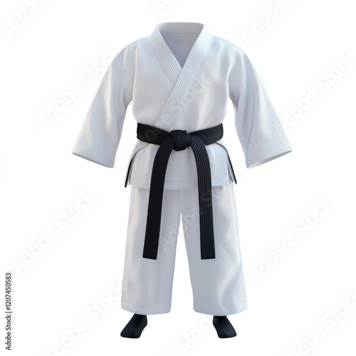 A pristine white karate gi complete with a black belt is presented against a neutral background.