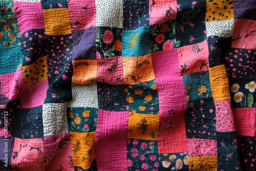 Colorful textile featuring patchwork design with floral patterns and vibrant hues on soft fabric photo