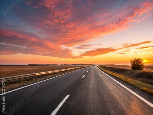Empty Road Under Sunset: A Journey in Motion, Long Road at Sunset with Speeding Motion