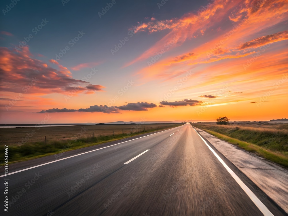 Empty Road Under Sunset: A Journey in Motion, Long Road at Sunset with Speeding Motion Empty Road Under Sunset: A Journey in Motion, Long Road at Sunset with Speeding Motion