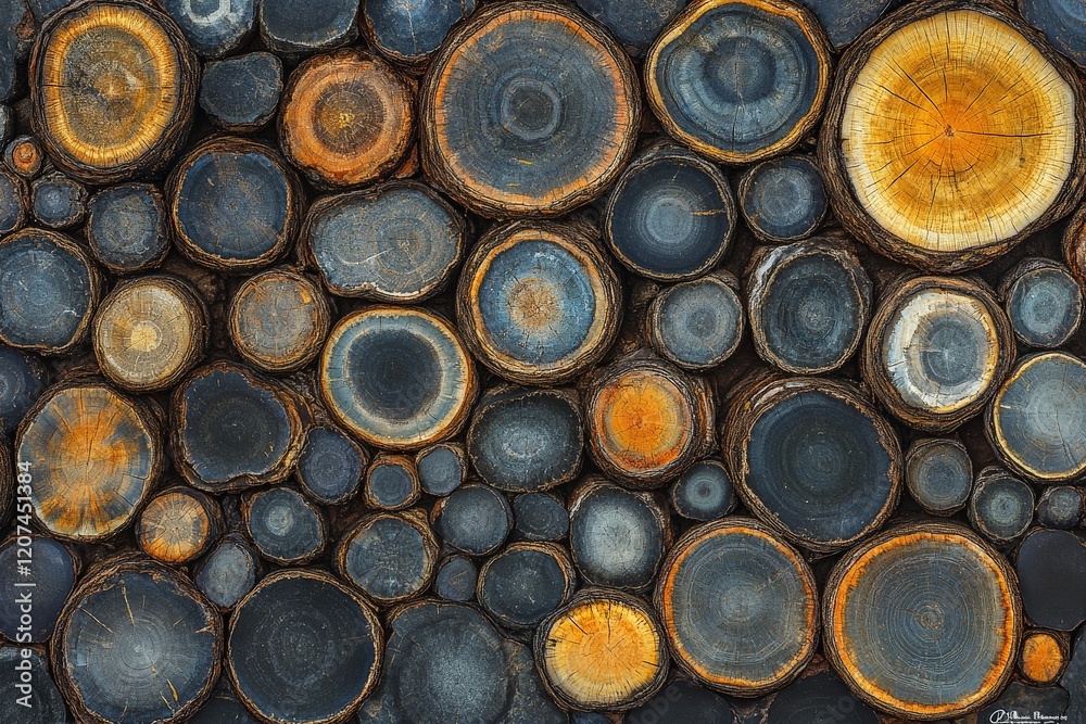 Collection of cut tree stumps arranged in an artistic pattern depicting various colors and textures in natural wood Collection of cut tree stumps arranged in an artistic pattern depicting various colors and textures in natural wood