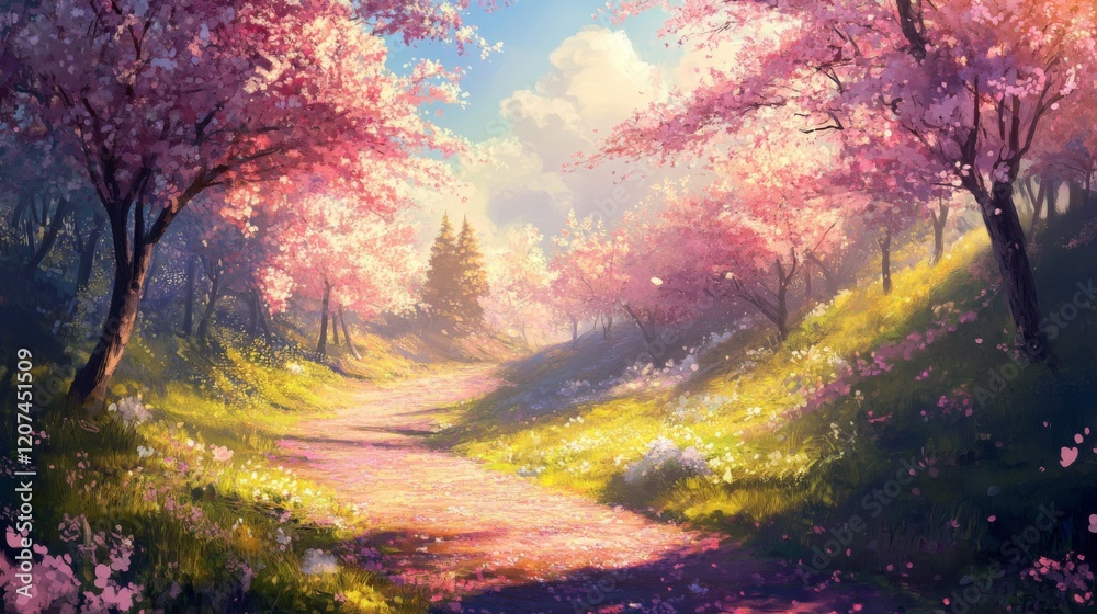 Enchanted Pink Blossom Path Through a Sunlit Forest Enchanted Pink Blossom Path Through a Sunlit Forest