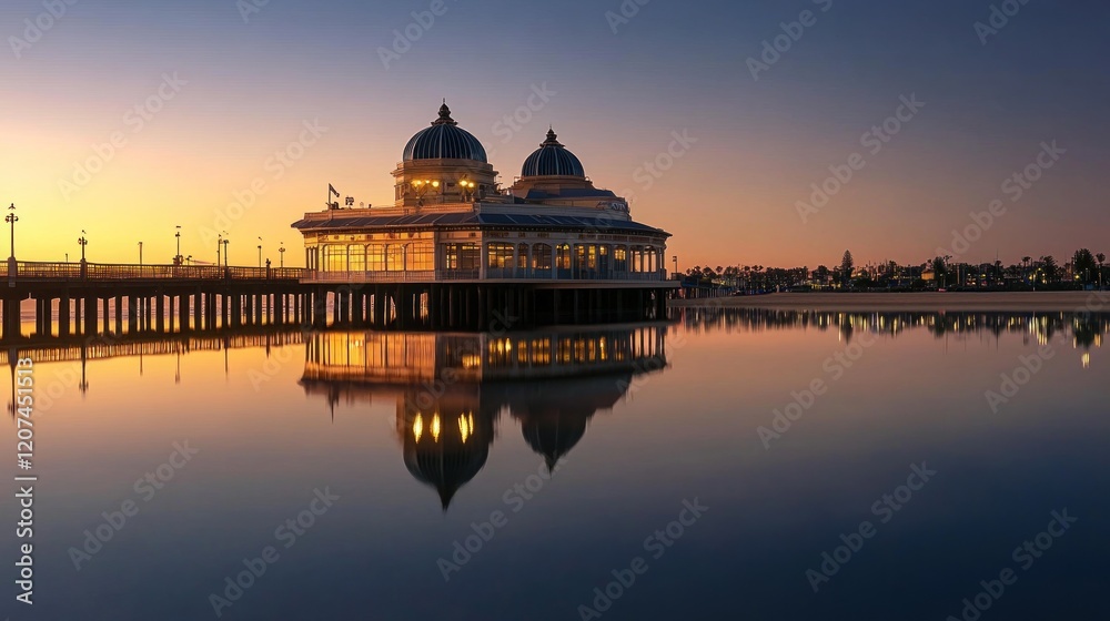 Obraz premium Sunrise pier pavilion reflection, calm ocean, beach background, tourism