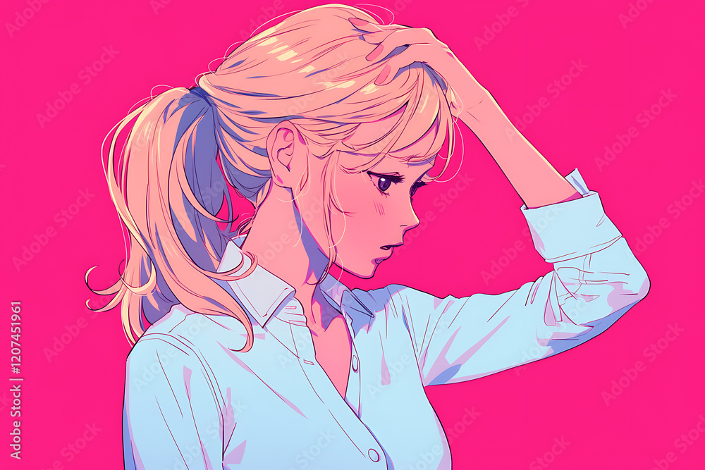 A young woman with blonde hair in a white shirt, looking pensive against a vibrant pink background
