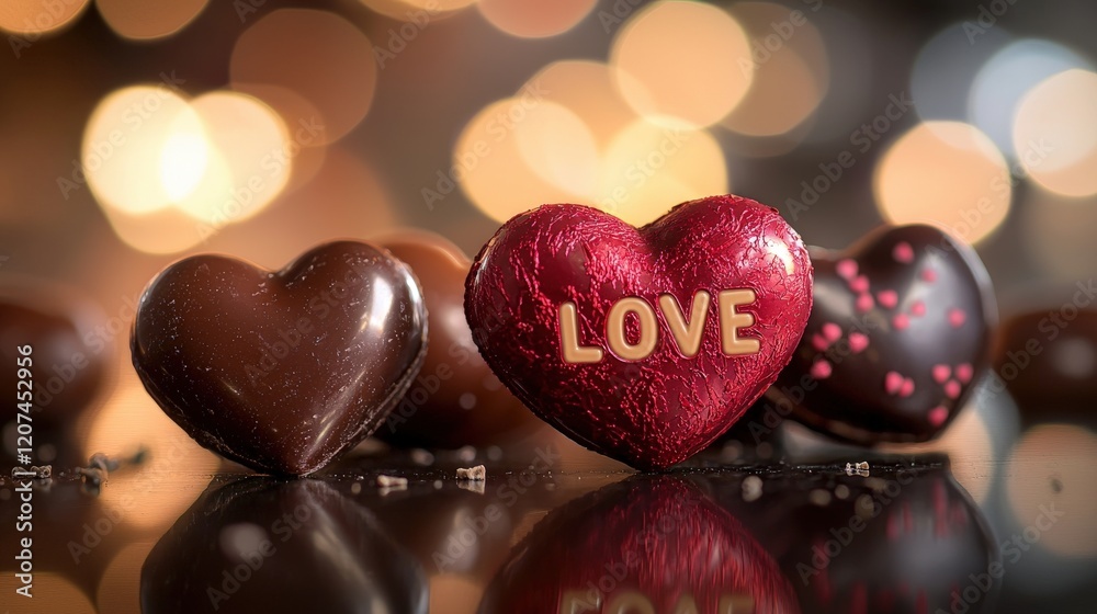 Obraz premium Heart-Shaped Chocolate Candies for Valentine's Day or Romantic Celebrations on a Sweet Background