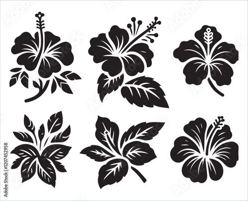 Silhouette hibiscus flower set, Vector illustration botanical elements background.	
