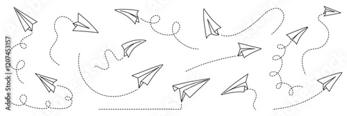 Hand drawing paper airplanes set. Vector stock illustration isolated on white background for design template business or education presentation, information banner. Editable stroke dash line.