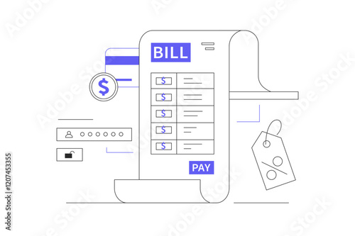 Payment for goods or services via the Internet Digital. Calculating financial bill or Invoice online in banking app. Flat Cartoon Vector Illustration, icon. Stylish abstract 