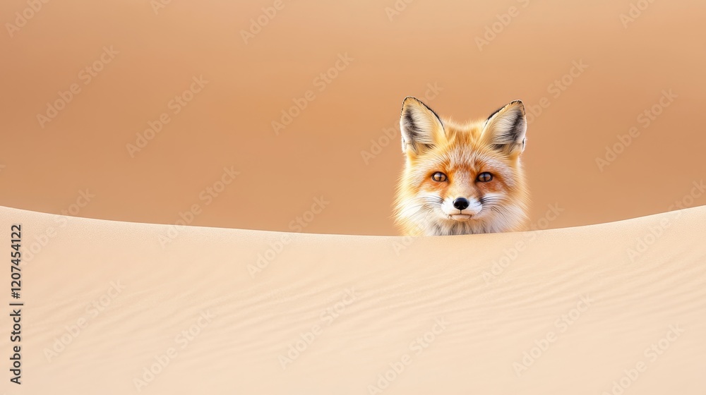 Obraz premium Red fox peeking over sandy landscape, showcasing its vibrant fur and curious expression amid a warm desert backdrop filled with soft, flowing textures.