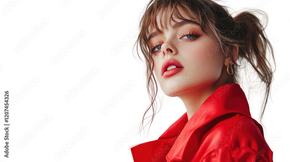 A fashionable woman in a striking red jacket, exuding confidence and style against a white isolate background. A fashionable woman in a striking red jacket, exuding confidence and style against a white isolate background.