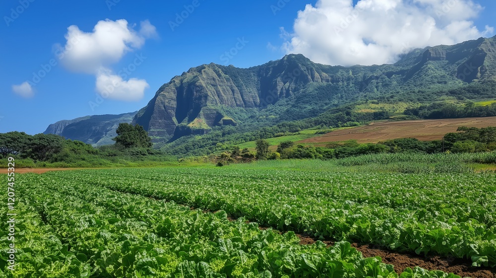 Rows of lush green lettuce thrive in the foreground, with a breathtaking mountain range rising behind them, perfectly blending natural beauty and cultivation. Rows of lush green lettuce thrive in the foreground, with a breathtaking mountain range rising behind them, perfectly blending natural beauty and cultivation.