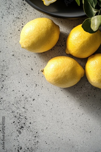 Fresh, bright yellow lemons sit on a gray stone kitchen counter. Shot with studio lights for a lively, clean look. photo