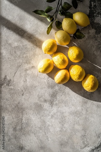 Fresh, bright yellow lemons sit on a gray stone kitchen counter. Shot with studio lights for a lively, clean look. photo
