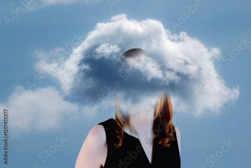 Mental health, woman with her head in a cloud, introvert, mental load, overstimulated photo