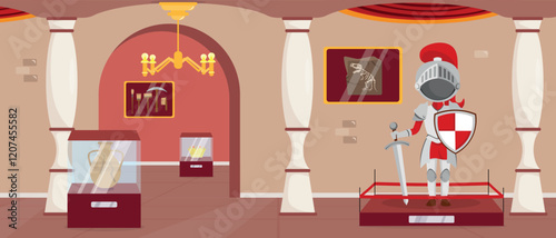 Vector illustration of museum interior.Cartoon scene of exhibition hall with ancient artifacts: knight armor,sword, shield, cracked vase, crown, dinosaur bones, tools, columns,chandelier,red curtains.