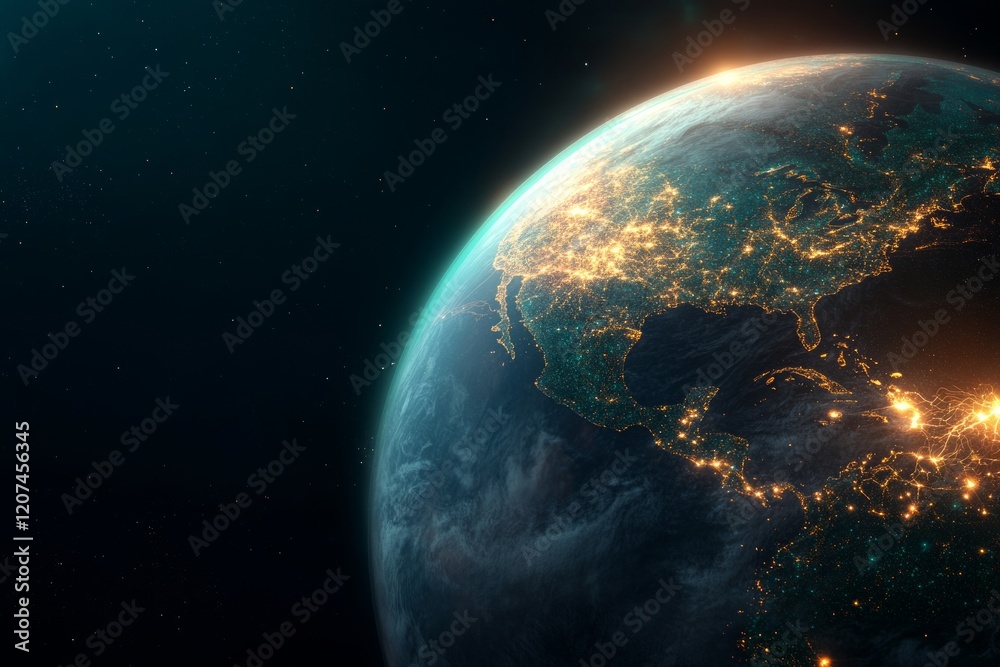 Obraz premium goals and sustainability concept, Earth illuminated at night, showcasing city lights and space.