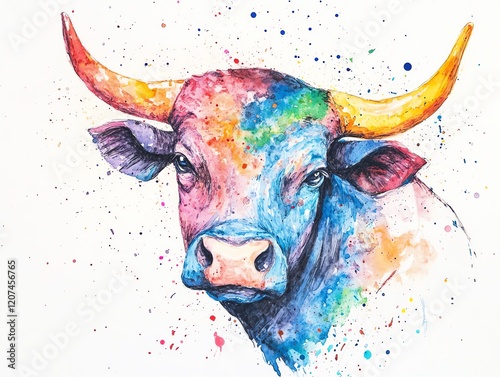 Close-up shot of an abstract bull made of watercolor splashes, representing stock market optimism, vibrant colors blending beautifully, evocative of expressionism and monetarism photo