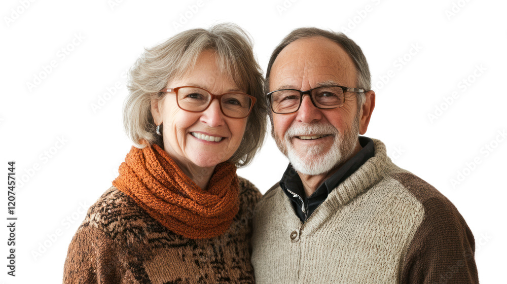 A joyful older couple posing together, smiling warmly at the camera, showcasing love and companionship against a white background. A joyful older couple posing together, smiling warmly at the camera, showcasing love and companionship against a white background.