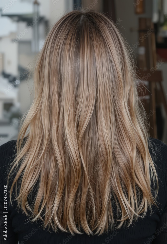 Naklejka premium A back view of a woman with long, straight blonde hair, showcasing a beautiful and modern hairstyle, ideal for beauty and haircare promotional material.