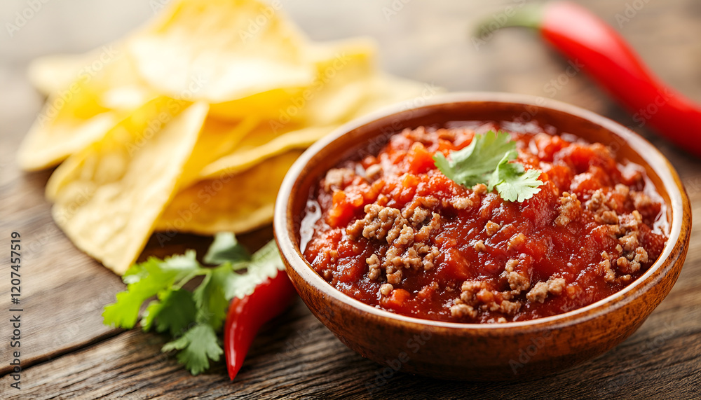 Mexican nacho corn tortilla chips with meat and red hot spicy salsa. Nachos with ground beef on wooden background