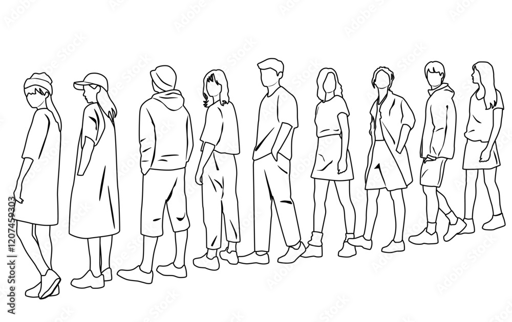 Silhouettes of men and women, group standing and walking business people, vector, linear sketch, hand draw, profile and back view, black and white isolated on white background Silhouettes of men and women, group standing and walking business people, vector, linear sketch, hand draw, profile and back view, black and white isolated on white background