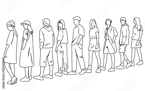Silhouettes of men and women, group standing and walking business people, vector, linear sketch, hand draw, profile and back view, black and white isolated on white background