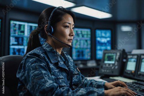 Portrait of Asian female naval officer in blue camouflage working in naval army central control and monitoring office for the management, technology and naval army communications