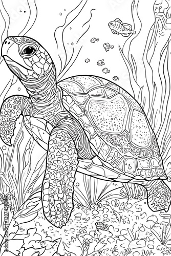 Wallpaper Mural Detailed line art of sea turtle in ocean. Torontodigital.ca