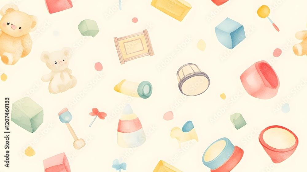 Delightful watercolor-style pattern featuring building blocks and playful designs for kids' projects Delightful watercolor-style pattern featuring building blocks and playful designs for kids' projects